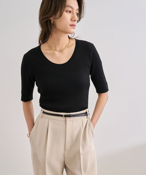 ROPE'(ロペ)の「ワイドリブラウンドネック スーパーメリノウール ニット/イージーケア(ニット/セーター・レディース・ブラック/グレー/オフホワイト・F)」の4枚目の写真