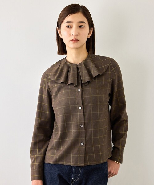 ROPE'(ロペ)の「【J'aDoRe・一部店舗限定サイズ】ラメチェックフリルカラーブラウス/セットアップ対応・イージーケア(シャツ/ブラウス・レディース・ブラウン系・36/38)」の16枚目の写真