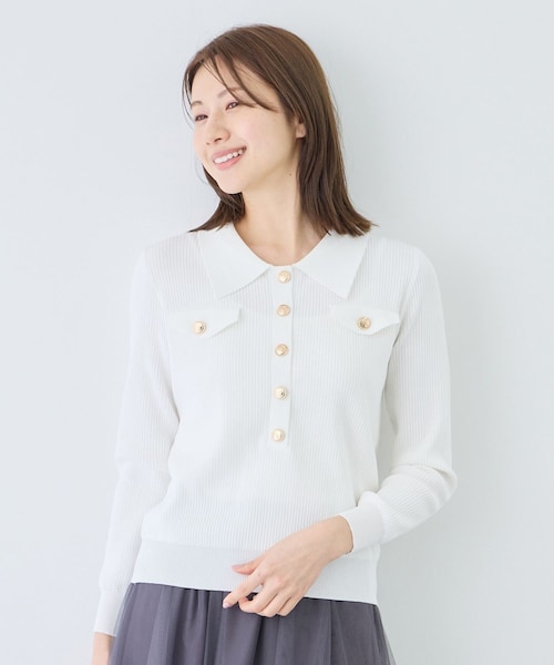 Jayro（ジャイロ）の「フラップポケット付きリブポロニット（ニット/セーター・レディース・ブラック/ホワイト系・M）」の3枚目の写真