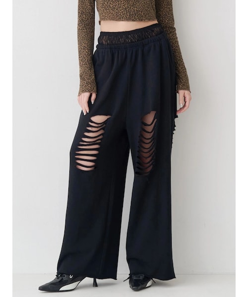 EVRIS（エヴリス）の「レースドッキングダメージスウェットワイドパンツ【セットアップ着用可能】（スウェットパンツ・レディース・グレー/ブラック/ミックス・F）」の6枚目の写真