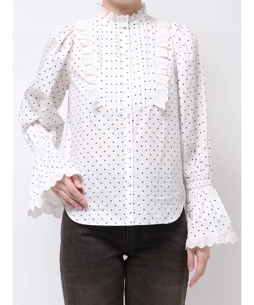 CALNAMUR（カルナムール）の「コットンフリルレースブラウス（シャツ/ブラウス・レディース・ホワイト/ブラック/ミックス・F）」の7枚目の写真
