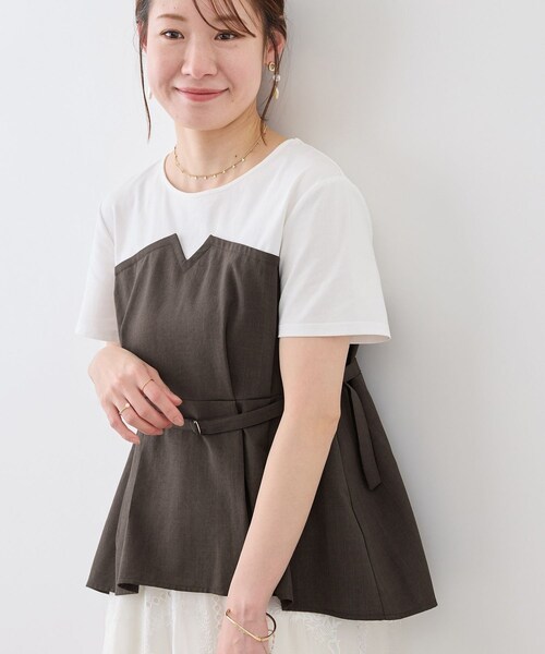 ROPE' PICNIC(ロペピクニック)の「【cahoさんコラボ】低身長・小柄さんサイズ エアリーリネンライク ドッキングカットトップス(Tシャツ/カットソー・レディース・ブラック/ダークブラウン/キャメル/ベージュ/ネイビー・F)」の22枚目の写真