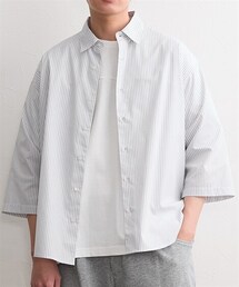 形態安定オーバーサイズ七分袖レギュラーカラーストライプシャツ