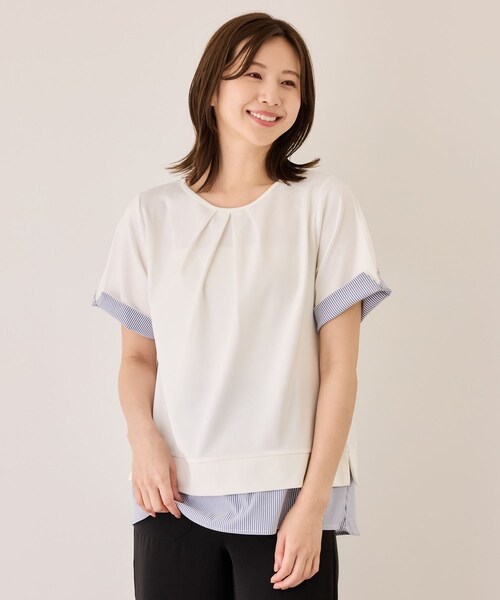 Jayro(ジャイロ)の「配色ストライプ半袖カットソー(Tシャツ/カットソー・レディース・チャコール/ベージュ系/ネイビー/ブルー系・M)」の5枚目の写真