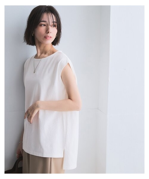 nissen（ニッセン）の「綿１００％バスクノースリーブロング丈プルオーバー＜大きいサイズ有＞（Tシャツ/カットソー・レディース・オフホワイト/ダークグレー/ミルクベージュ/スモーキーグリーン/インクブルー/黒・S/M/L/LL/3L/4L/5L/6L/8L/10L）」の7枚目の写真