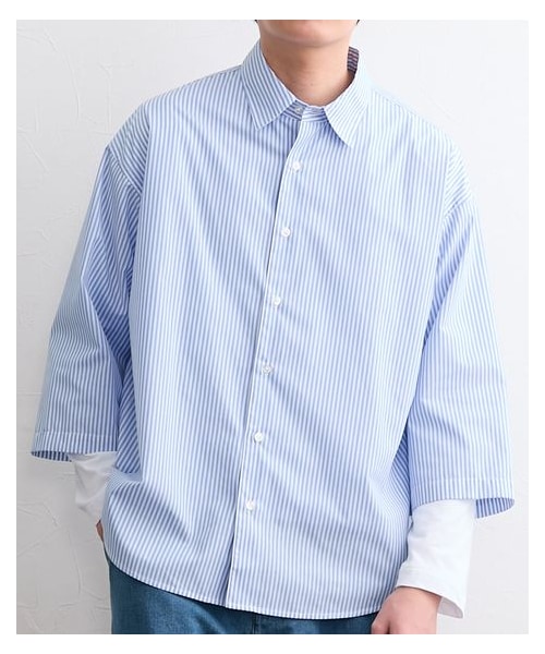 nissen（ニッセン）の「形態安定オーバーサイズ七分袖レギュラーカラーストライプシャツ（シャツ/ブラウス・メンズ・ブルー系/グレージュ系・M/L/LL/3L/4L/5L/6L/8L/10L）」の18枚目の写真