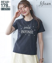 nissen | 高身長　綿100％パールモチーフ付ロゴプリントＴシャツ（トールサイズ）fifiean(Tシャツ/カットソー)