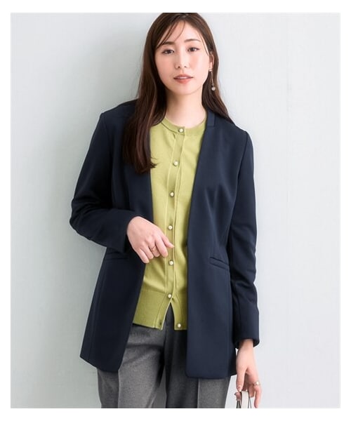 nissen（ニッセン）の「【レディーススーツ】セットアップ対応ロング丈ノーカラージャケット（上下別売・カノコジャージーシリーズ）（フォーマルスーツ/小物・レディース・ネイビー/黒/グレー系・S/M/L/LL/3L/4L/5L/6L/8L）」の3枚目の写真