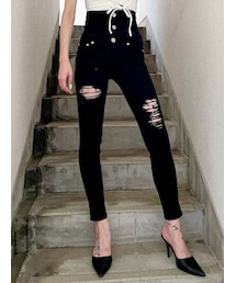 GYDA | H/Wボタン ダメージスキニーデニムパンツ(デニムパンツ)