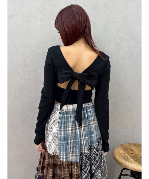 EVRIS（エヴリス）の「2WAYバックリボンスクエアネックリブトップス（Tシャツ/カットソー・レディース・ホワイト/グレー/ブラック/ピンク・F）」の7枚目の写真