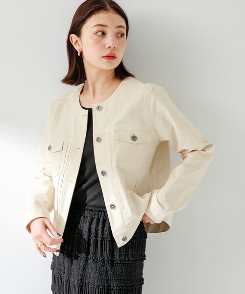URBAN RESEARCH Sonny Label（アーバンリサーチサニーレーベル）の「ナチュラルストレッチノーカラーコットンジャケット（ノーカラージャケット・レディース・アイボリー/ブルーグレー/ベージュ・FREE）」の8枚目の写真