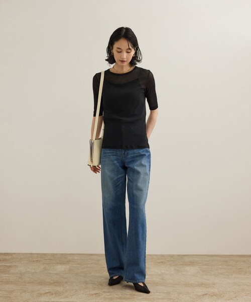 ROPE'(ロペ)の「シアーフライス5分袖プルオーバー(Tシャツ/カットソー・レディース・ブラック/ホワイト・F)」の5枚目の写真
