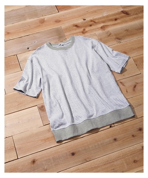 nissen（ニッセン）の「リブ付ミドルウェイト綿１００％オーバーサイズ５分袖ボーダーTシャツ（Tシャツ/カットソー・メンズ・黒系/グレー系/ネイビー系/カーキ系・M/L/LL/3L/4L/5L/6L/8L/10L）」の12枚目の写真