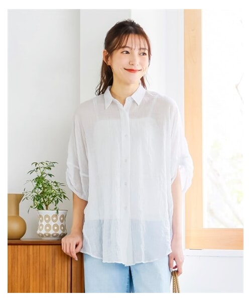 nissen（ニッセン）の「綿混涼やか5分袖リボンドルマンチュニックブラウス（薄手素材）（シャツ/ブラウス・レディース・オフホワイト/カーキ/黒系ギンガム/ブルー系ストライプ・L~LL相当/3L~4L相当/5L~6L相当/8L相当/10L相当）」の5枚目の写真