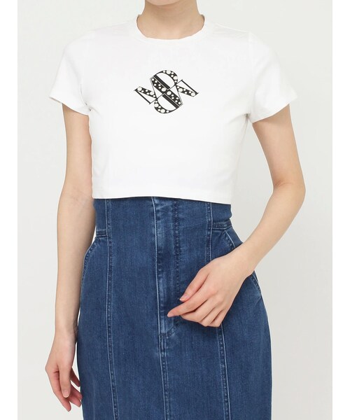 MERCURYDUO（マーキュリーデュオ）の「クロップドパールロゴTシャツ（Tシャツ/カットソー・レディース・オフホワイト/ブラック/パープル・F）」の2枚目の写真