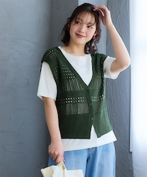 nissen | <大きいサイズ>2点セット(前あきべスト+綿100%半袖Tシャツ)(Tシャツ/カットソー)