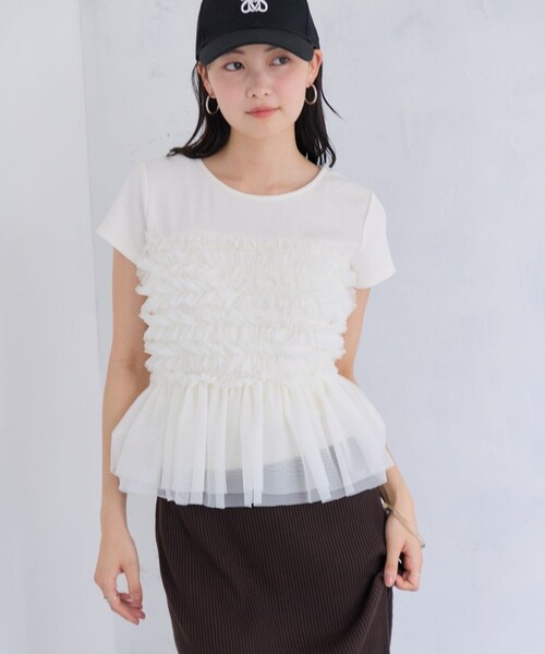 VIS（ビス）の「【夏トク価格】チュールフリルドッキングフレンチスリーブ/UVケア（Tシャツ/カットソー・レディース・チャコール/オフホワイト/ブラウン系・F）」の15枚目の写真