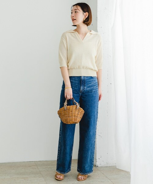 URBAN RESEARCH ROSSO（アーバンリサーチロッソ）の「F by ROSSO　オープンカラーサマーニット（ニット/セーター・レディース・L/BEIGE/BLUE/BORDER・FREE）」の9枚目の写真