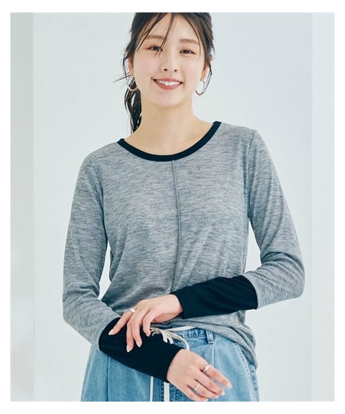 nissen（ニッセン）の「バイカラーシアー切り替えトップス（Tシャツ/カットソー・レディース・黒×ブルー/杢グレー×黒/オレンジ×杢グレー・S/M/L/LL）」の2枚目の写真