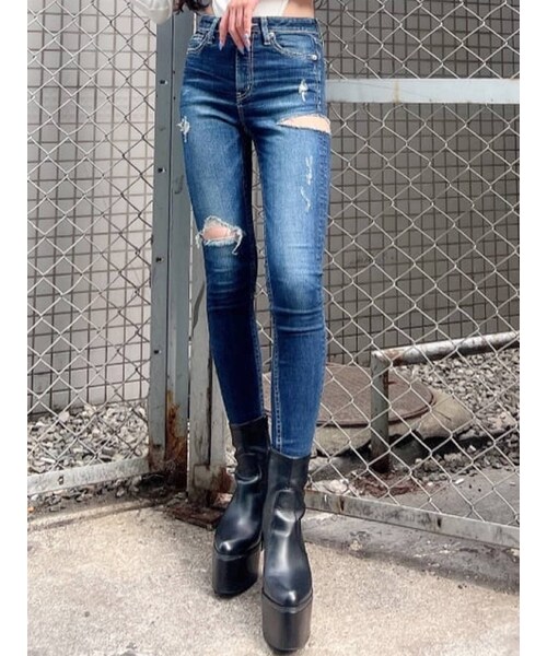 GYDA デニム M/W SIDE RIPPEDスキニーデニムパンツ S ジェイダ GYDA M/W SIDE RIPPEDスキニーデニムパンツ （ブルー