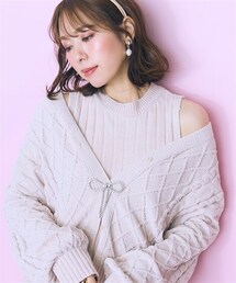 marun | 大きいサイズ ケーブル編ラメモールニットカーディガン(リボンブローチ付） marun(カーディガン/ボレロ)