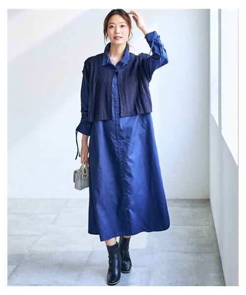 nissen（ニッセン）の「袖ドロストニット使いシャツワンピース【OtonaSMILE】（ワンピース・レディース・オフホワイト×杢チャコールグレー/ネイビー系・M/L/LL/3L/4L）」の9枚目の写真