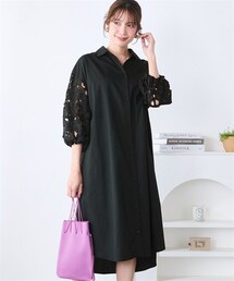 nissen | ＜大きいサイズ＞ふんわりレース袖シャツワンピース(ワンピース)