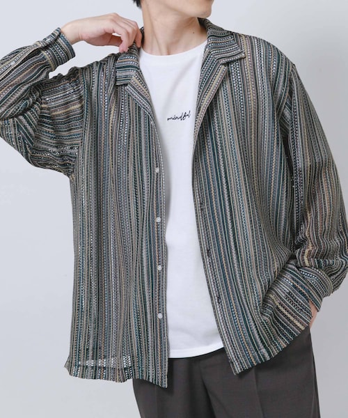 ITEMS URBANRESEARCH(アイテムズ アーバンリサーチ)の「マルチストライプレースオープンカラーシャツ(シャツ/ブラウス・メンズ・BLU/BLK/GRN・M/L)」の2枚目の写真