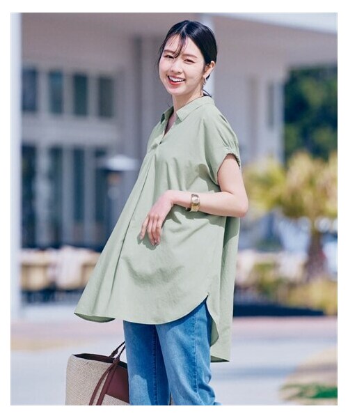 nissen（ニッセン）の「袖シャーリングシャツチュニック（吸汗速乾）（チュニック・レディース・オフホワイト/チャコール/ライトグリーン・S/M/L/LL）」の10枚目の写真