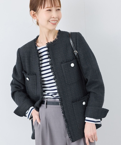 ROPE' PICNIC（ロペピクニック）の「セレモニー・通勤対応/ツイードジャケット/リンクコーデ（ノーカラージャケット・レディース・ブラック系/ライトグレー/オフホワイト/ネイビー・36/38）」の7枚目の写真