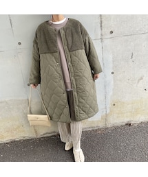 ボア×キルティング切り替えロングコート(カーキ)