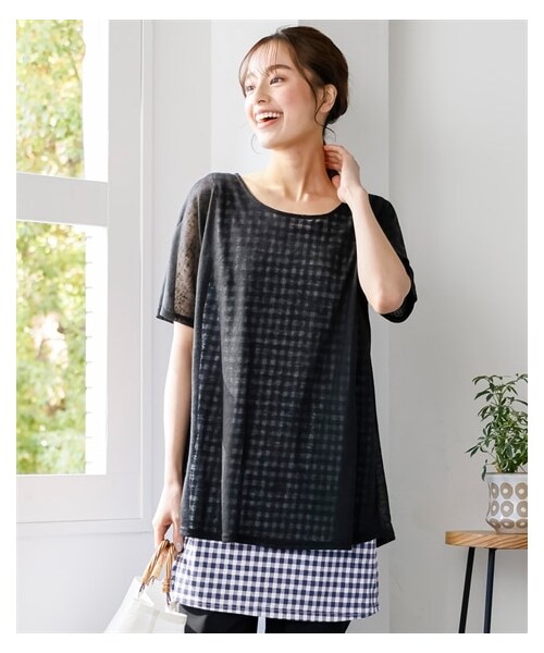 nissen（ニッセン）の「大きいサイズ　涼やかカットソースラブバックリボン重ね着風チュニック（チュニック・レディース・コーラル×ネイビー系ギンガム/ロイヤルグリーン×杢グレー系ボーダー/アシッドブルー×杢グレー系ボーダー/黒×ネイビー系ギンガム/ベージュ×ネイビー系ギンガム・L/LL/3L/4L/5L/6L/8L/10L）」の8枚目の写真