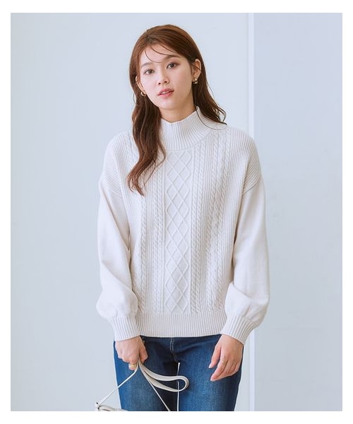 nissen（ニッセン）の「フロントケーブル編みハイネックニット（毛玉に