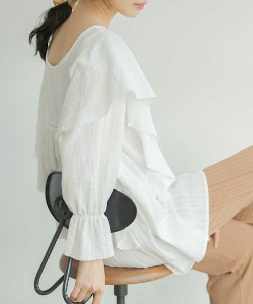 Crisp（クリスプ）の「2wayラッフルチュニック[c1R3004]（シャツ/ブラウス・レディース・イエロー/ホワイト・FREE）」の2枚目の写真