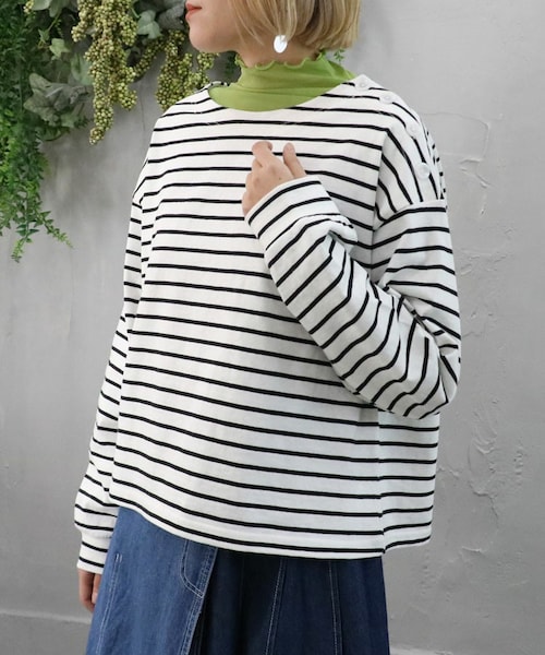 Sheson(シーズン)の「ショルダーボタンボーダーTee(Tシャツ/カットソー・レディース・ホワイト/グレー/ブルー・F)」の1枚目の写真