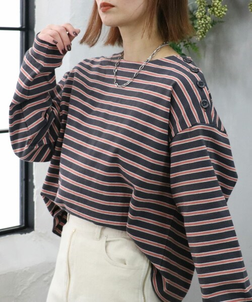 Sheson(シーズン)の「ショルダーボタンボーダーTee(Tシャツ/カットソー・レディース・ホワイト/グレー/ブルー・F)」の2枚目の写真