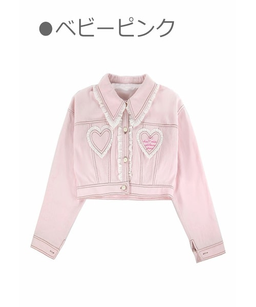 Bobon21（ボボンニジュウイチ）の「レースフリルショート丈デニムジャケット-全２色-（デニムジャケット・レディース・ブルー/ピンク・S/M/L）」の2枚目の写真