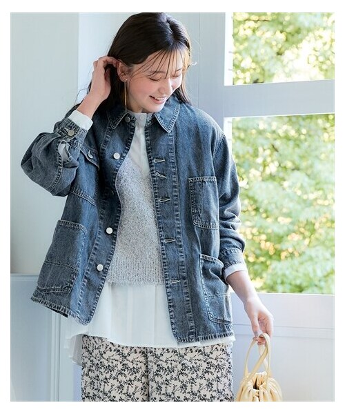 nissen（ニッセン）の「＜大きいサイズ＞ライトオンスゆるシルエットデニムジャケット（ジャケット/アウター・レディース・ライトブルー(ケミカル)/インディゴブルー(ケミカル)・L~LL/3L~4L/5L~6L/8L/10L）」の7枚目の写真