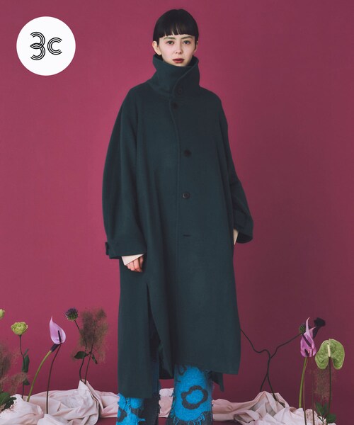 THE GOODLAND MARKET（ザグッドランドマーケット）の「cwtch　WOOL LONG COAT（ステンカラーコート・レディース・GREEN/BLACK/OAT・FREE）」の4枚目の写真