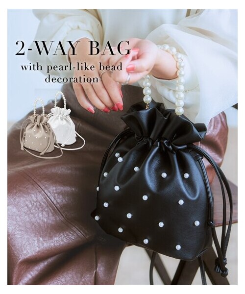 nissen（ニッセン）の「パール調ビーズ飾り２WAY巾着ショルダーバッグ（ショルダーバッグ・メンズ・黒/モカ/ホワイト・Y）」の2枚目の写真