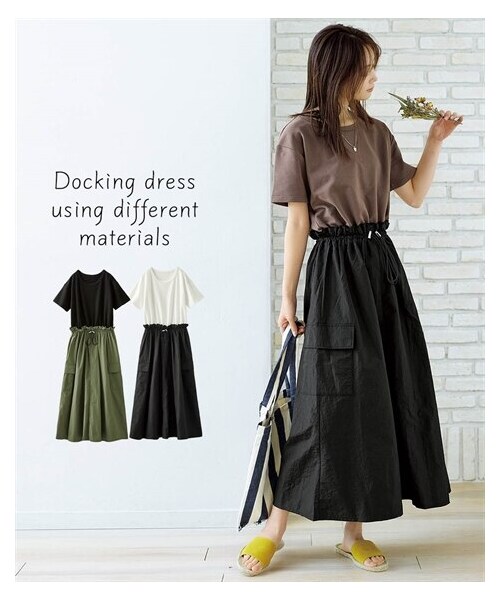 nissen（ニッセン）の「ワークポケット付異素材使いドッキングワンピース（ワンピース・レディース・モカブラウン×黒/黒×カーキ/オフホワイト×黒・S/M/L/LL/3L/4L/5L/6L）」の3枚目の写真