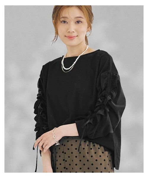 nissen（ニッセン）の「フリルギャザースリーブトップス（Tシャツ/カットソー・レディース・黒/オフホワイト・S/M/L/LL）」の8枚目の写真