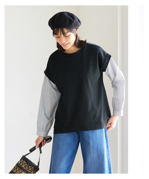 nissen（ニッセン）の「大きいサイズフェイクレイヤードカットソートップス（Tシャツ/カットソー・レディース・杢グレー×ネイビー系ストライプ/パープル×グレー系チェック/カーキ×オフホワイト(無地)/ネイビー×モノトーン系ギンガムチェック/黒×モノトーン系ストライプ/ミントグリーン×ブルー系ストライプ・L~LL相当/3L~4L相当/5L~6L相当/8L相当/10L相当）」の3枚目の写真