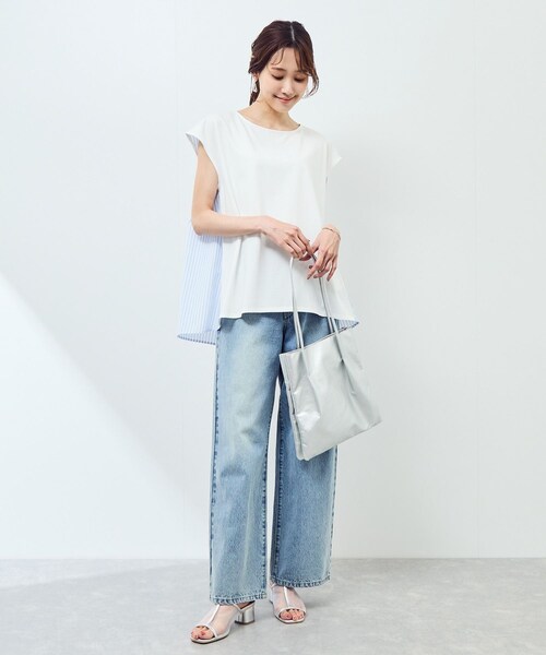 ROPE' PICNIC(ロペピクニック)の「ストライプドッキングフレンチスリーブプルオーバー(Tシャツ/カットソー・レディース・ホワイト系/ネイビー・38)」の5枚目の写真