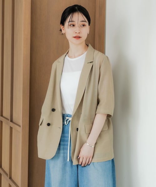 URBAN RESEARCH（アーバンリサーチ）の「『イージーケア』シアーメッシュハーフスリーブジャケット（テーラードジャケット・レディース・BEIGE/BLACK・FREE）」の2枚目の写真