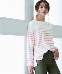 nissen | 綿１００％スムースパネル風ボーダーカットソートップス＜大きいサイズ有＞(Tシャツ/カットソー)