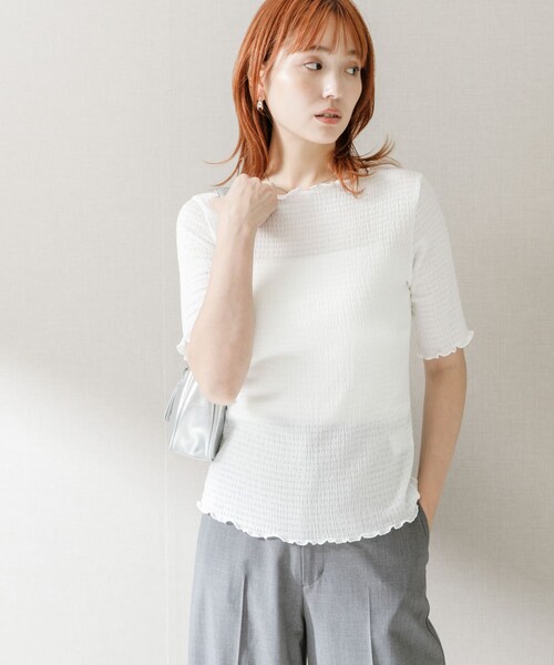 URBAN RESEARCH ROSSO（アーバンリサーチロッソ）の「シアー楊柳ボートネックプルオーバー（Tシャツ/カットソー・レディース・WHITE/GREEN/NAVY・FREE）」の4枚目の写真