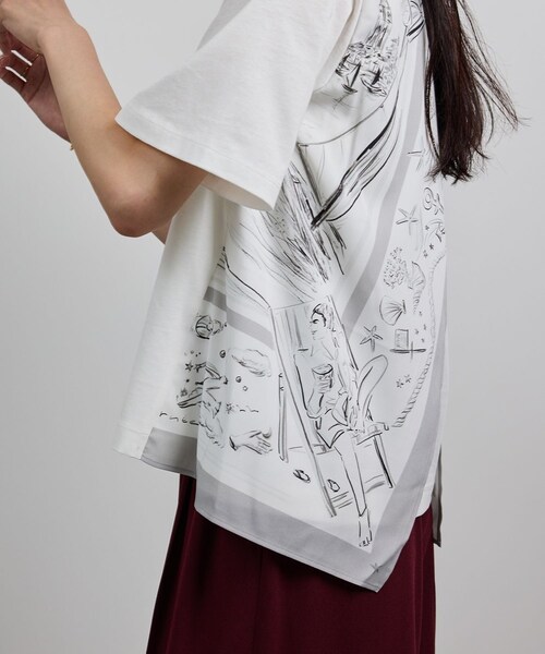 ROPE'（ロペ）の「【洗える】【YUKO SAEKI for ROPE'・コラボ】スカーフ柄プリント Aラインカットソー（Tシャツ/カットソー・レディース・ブラック/オフホワイト・F）」の6枚目の写真