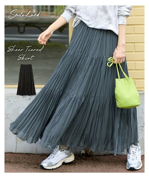 nissen（ニッセン）の「＜大きいサイズ＞シアープリーツティアードスカート（ゆったりヒップ）（スカート・レディース・チャコールネイビー/黒・L/LL/3L/4L/5L/6L/8L/10L）」の2枚目の写真