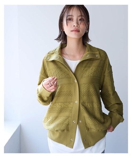 nissen（ニッセン）の「コットンブレンドニットライクジャガードスタンドカラーゆるスエットブルゾン＜大きいサイズ有＞（カーディガン/ボレロ・レディース・グレーベージュ/カーキ/チャコールグレー・S/M/L/LL/3L/4L/5L/6L/8L/10L）」の6枚目の写真